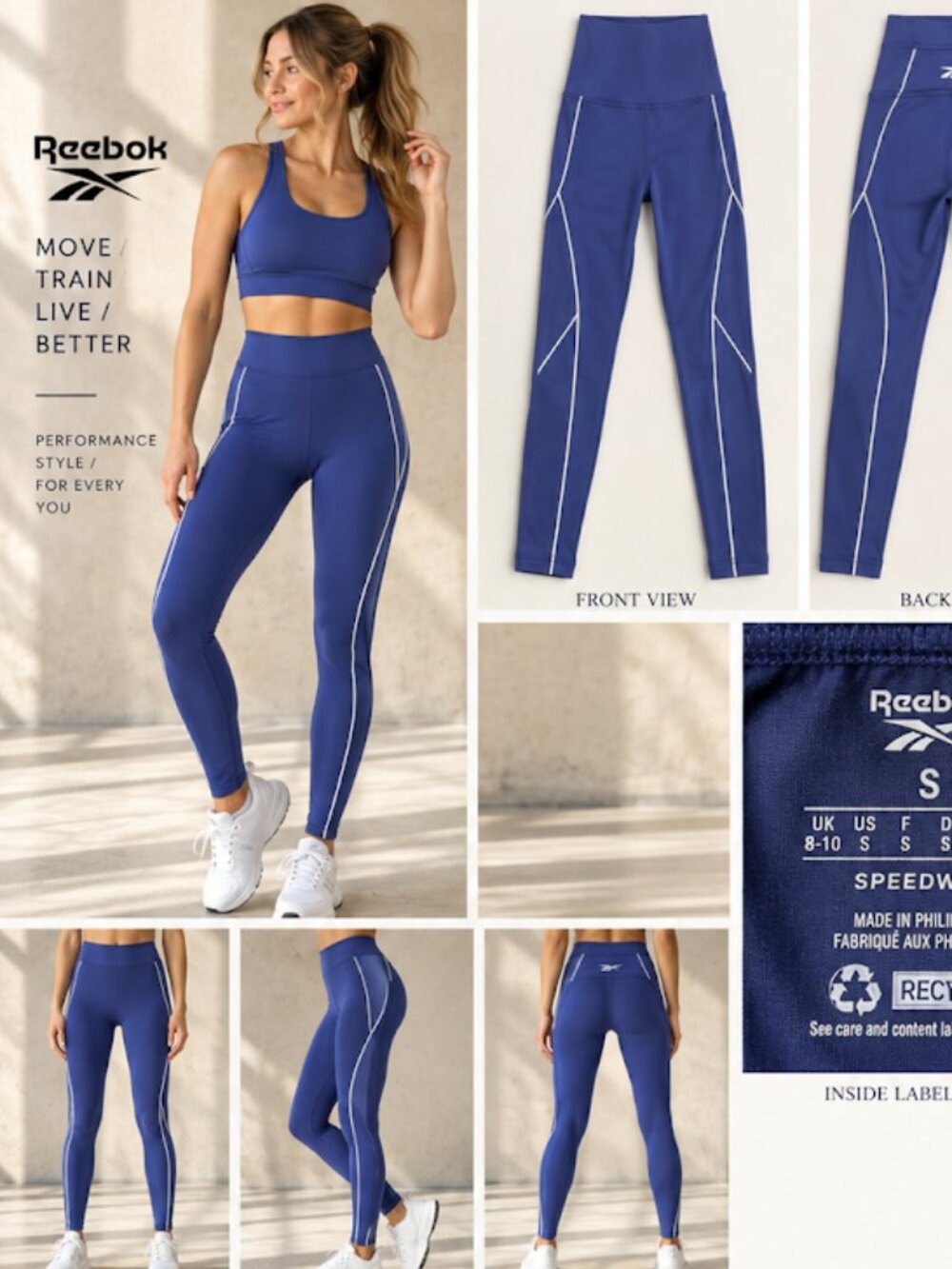 Reebok Speedwick Blue High Rise Performance Leggings White Piping – Size S
